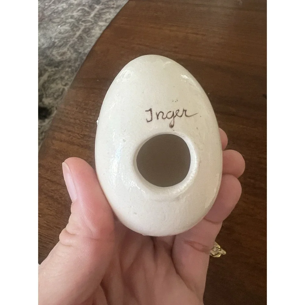 Vtg Hand Painted Ceramic Bisque‎ Egg Figurine Pink 3D Floral w/ Gold Fish Stand